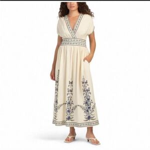 Max Studio Linen Blend Cream and Blue Floral Maxi Dress